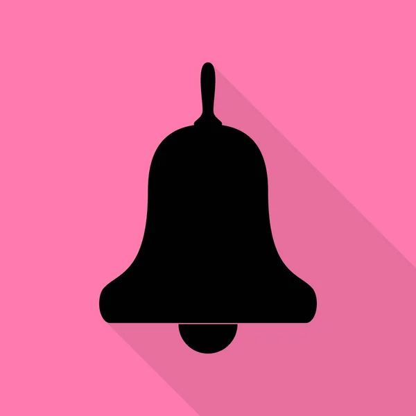 Alarma de campana, señal de timbre. Icono negro con camino de sombra de estilo plano sobre fondo rosa . — Vector de stock