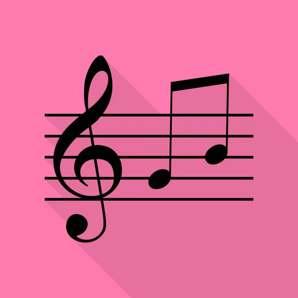 Notenschlüssel-Zeichen. g-Schlüssel und Noten g, h. schwarzes Symbol mit flachem Schattenpfad auf rosa Hintergrund. — Stockvektor