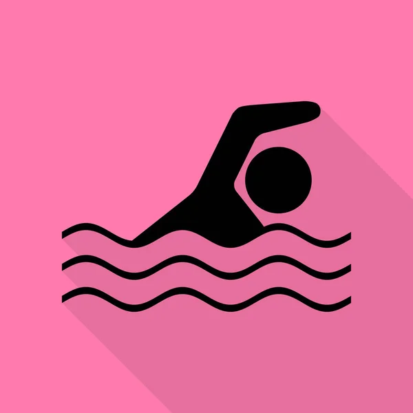 Swimming water sport sign. Black icon with flat style shadow path on pink background.