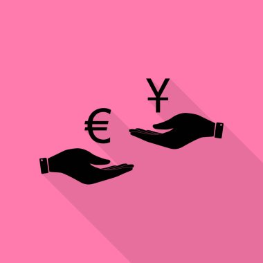 El el üzerinden Döviz Alım Satım. Euro ve Yuan. Düz stil gölge yoluyla pembe bir arka plan üzerinde siyah simgesi.