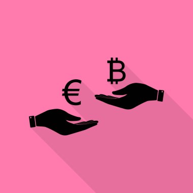 El el üzerinden Döviz Alım Satım. Euro Bitcoin bir. Düz stil gölge yoluyla pembe bir arka plan üzerinde siyah simgesi.