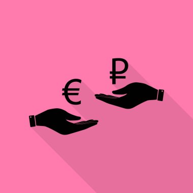 El el üzerinden Döviz Alım Satım. Euro ve Rublesi. Düz stil gölge yoluyla pembe bir arka plan üzerinde siyah simgesi.