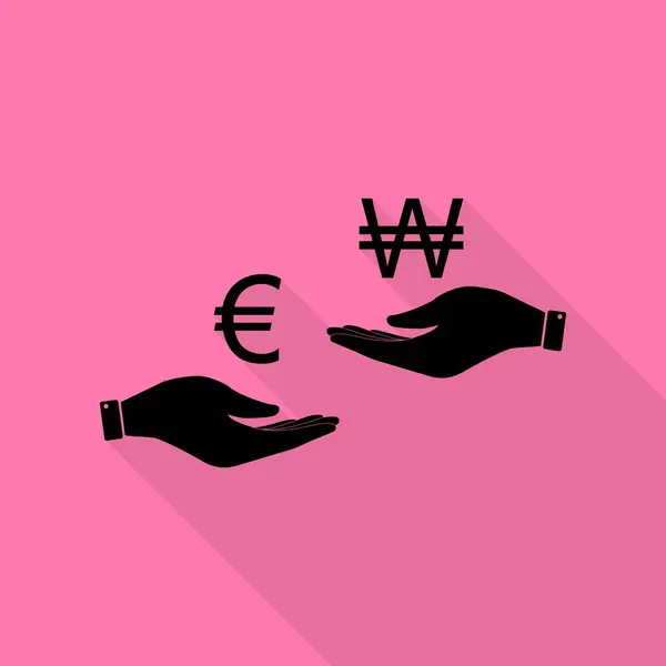 Currency exchange from hand to hand. Euro and Won. Black icon with flat style shadow path on pink background. — Stock Vector