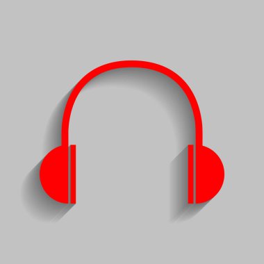 Kulaklık illüstrasyon işareti. Vektör. Yumuşak gölge gri arka plan üzerinde kırmızı simge.
