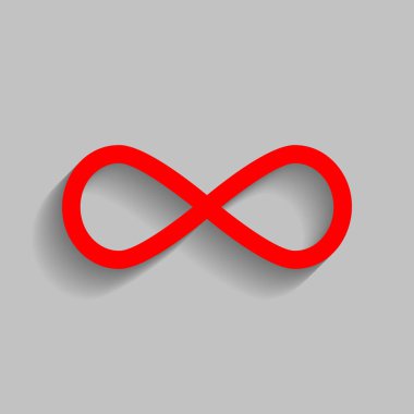 Sınırsız sembolü şekil. Vektör. Yumuşak gölge gri arka plan üzerinde kırmızı simge.