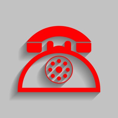 Retro telefon işareti. Vektör. Yumuşak gölge gri arka plan üzerinde kırmızı simge.