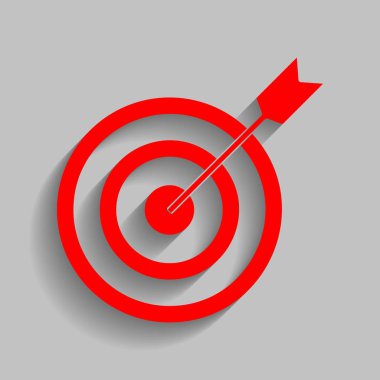 Dart ile hedef. Vektör. Yumuşak gölge gri arka plan üzerinde kırmızı simge.