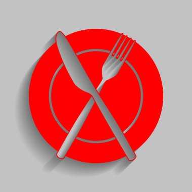 Çatal, teyp ve bıçak oturum açın. Vektör. Yumuşak gölge gri arka plan üzerinde kırmızı simge.