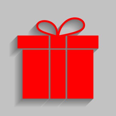 Hediye kutusu işareti. Vektör. Yumuşak gölge gri arka plan üzerinde kırmızı simge.