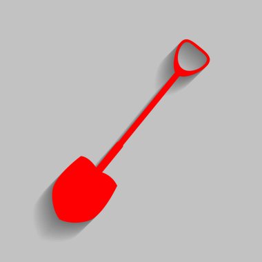 Kürek bahçede çalışmak. Vektör. Yumuşak gölge gri arka plan üzerinde kırmızı simge.