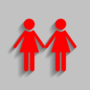 Lezbiyen aile işareti. Vektör. Yumuşak gölge gri arka plan üzerinde kırmızı simge.