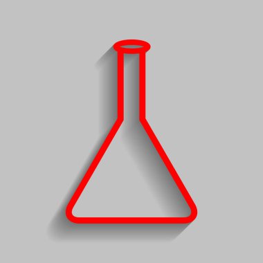 Konik Flask işareti. Vektör. Yumuşak gölge gri arka plan üzerinde kırmızı simge.
