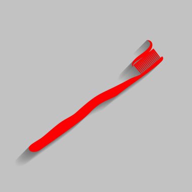Diş fırçası ile uygulanan diş macunu bölümü. Vektör. Yumuşak gölge gri arka plan üzerinde kırmızı simge.