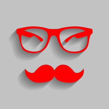 Bıyık ve gözlük işareti. Vektör. Yumuşak gölge gri arka plan üzerinde kırmızı simge.