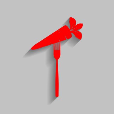 Vejetaryen yiyecekler işareti illüstrasyon. Vektör. Yumuşak gölge gri arka plan üzerinde kırmızı simge.