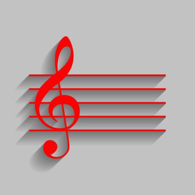 Müzik keman nota anahtarı işareti. G-nota anahtarı. Vektör. Yumuşak gölge gri arka plan üzerinde kırmızı simge.