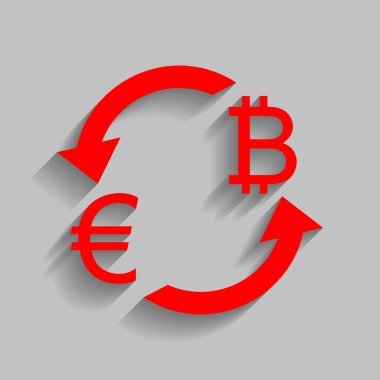 Döviz Alım Satım işareti. Euro ve Bitkoin. Vektör. Yumuşak gölge gri arka plan üzerinde kırmızı simge.