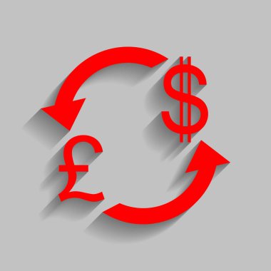 Döviz Alım Satım işareti. Birleşik Krallık: Lirası ve ABD Doları. Vektör. Yumuşak gölge gri arka plan üzerinde kırmızı simge.