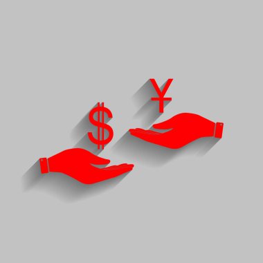 El el üzerinden Döviz Alım Satım. Dolar ve Yuan. Vektör. Yumuşak gölge gri arka plan üzerinde kırmızı simge.