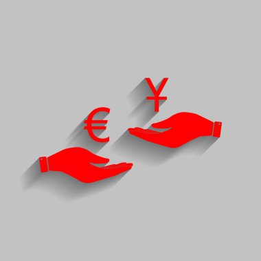 El el üzerinden Döviz Alım Satım. Euro ve Yuan. Vektör. Yumuşak gölge gri arka plan üzerinde kırmızı simge.
