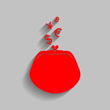 M-cüzdan para birimi simgelerini işaretiyle. Vektör. Yumuşak gölge gri arka plan üzerinde kırmızı simge.