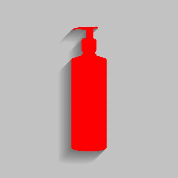 Gel, espuma ou sabão líquido. Dispensador Bomba silhueta garrafa de plástico. Vector. Ícone vermelho com sombra suave no fundo cinza . — Vetor de Stock