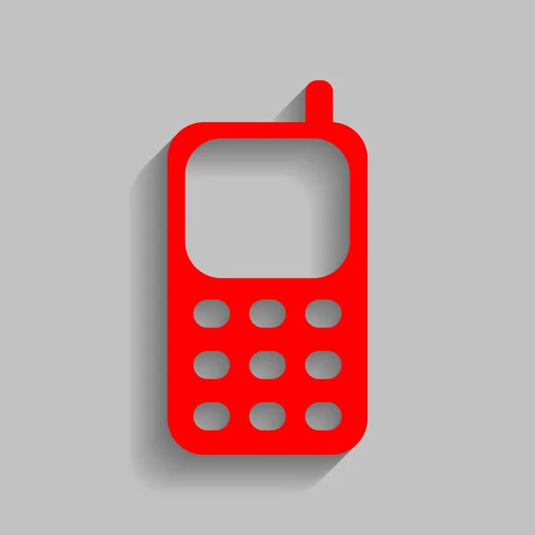 Κινητό τηλέφωνο σημάδι. Διάνυσμα. Κόκκινο εικονίδιο με απαλή σκιά σε γκρίζο φόντο. — Διανυσματικό Αρχείο
