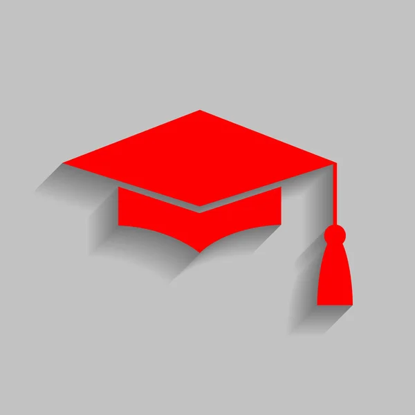 Tablero de mortero o casquillo de graduación, símbolo de educación. Vector. Icono rojo con sombra suave sobre fondo gris . — Vector de stock