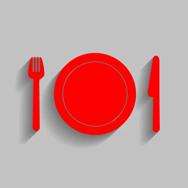 Mes, vork en plaat. Vector. Rode pictogram met zachte schaduw op grijze achtergrond. — Stockvector
