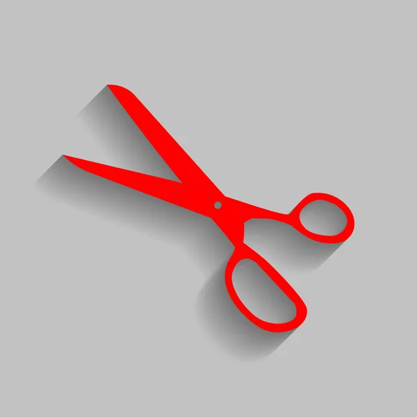 Tijeras firmar ilustración. Vector. Icono rojo con sombra suave sobre fondo gris . — Vector de stock