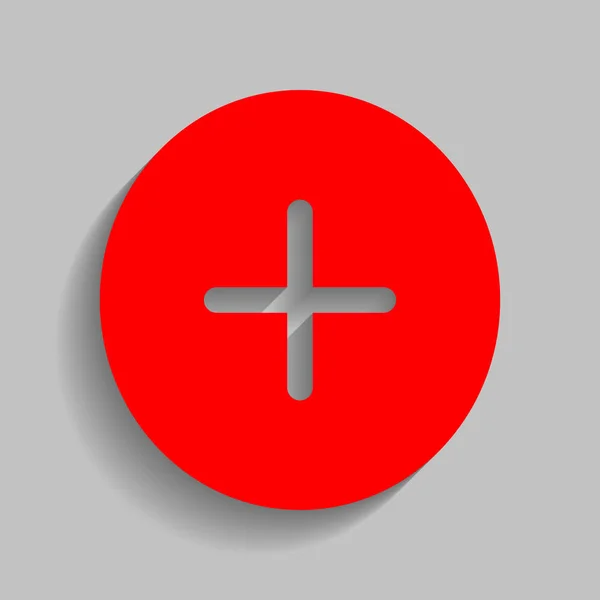 Símbolo positivo más signo. Vector. Icono rojo con sombra suave sobre fondo gris . — Vector de stock