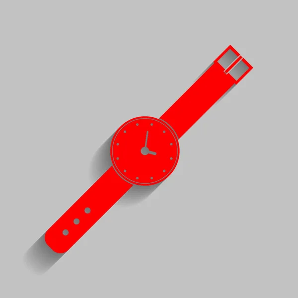 Signo de reloj ilustración. Vector. Icono rojo con sombra suave sobre fondo gris . — Vector de stock