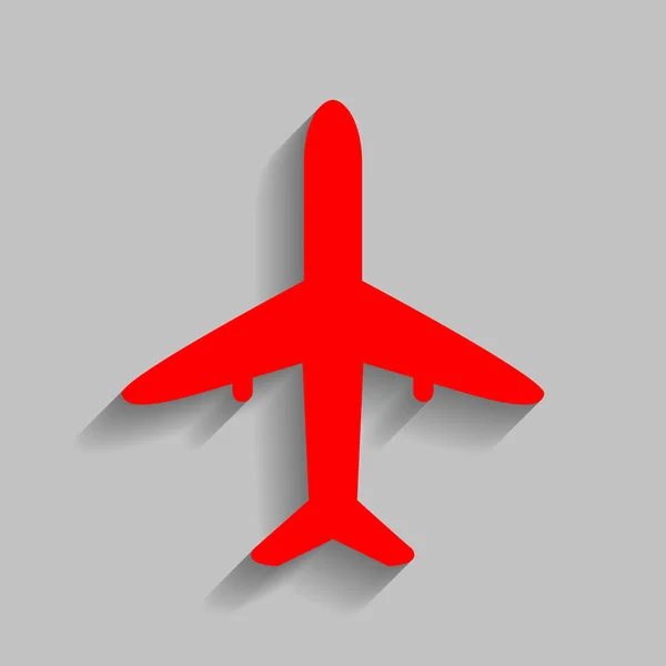 Ilustração do sinal do avião. Vector. Ícone vermelho com sombra suave no fundo cinza . — Vetor de Stock