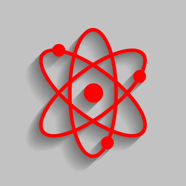Ілюстрація знаку атома. Вектор. Червона ікона з м'якою тіні на сірому фоні . — стоковий вектор
