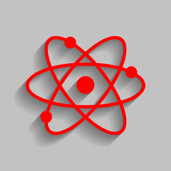 Atomzeichen-Illustration. Vektor. rotes Symbol mit weichem Schatten auf grauem Hintergrund. — Stockvektor