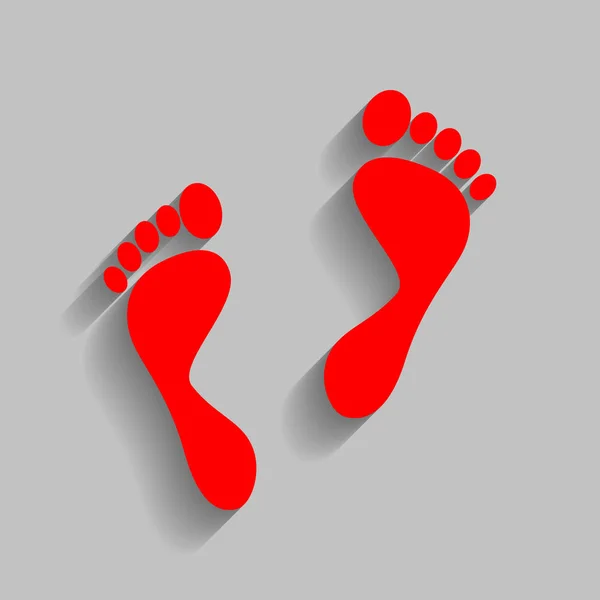 Signo de huellas de pies. Vector. Icono rojo con sombra suave sobre fondo gris . — Vector de stock