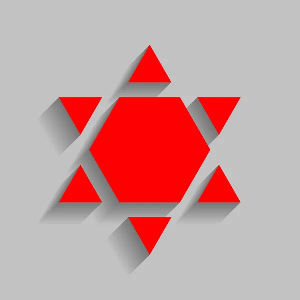 Bouclier Magen David Star Inverse. Symbole d'Israël inversé. Vecteur. Icône rouge avec ombre douce sur fond gris . — Image vectorielle