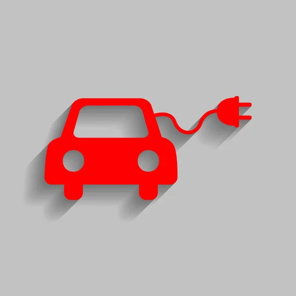 Signo de coche eléctrico ecológico. Vector. Icono rojo con sombra suave sobre fondo gris . — Vector de stock