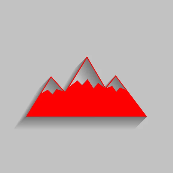 Illustration de signe de montagne. Vecteur. Icône rouge avec ombre douce sur fond gris . — Image vectorielle