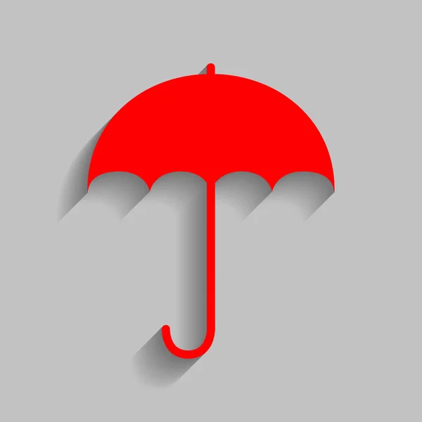 Paraply tecken ikonen. Regn skydd symbol. Platt designstil. Vektor. Röd ikon med mjuk skugga på grå bakgrund. — Stock vektor