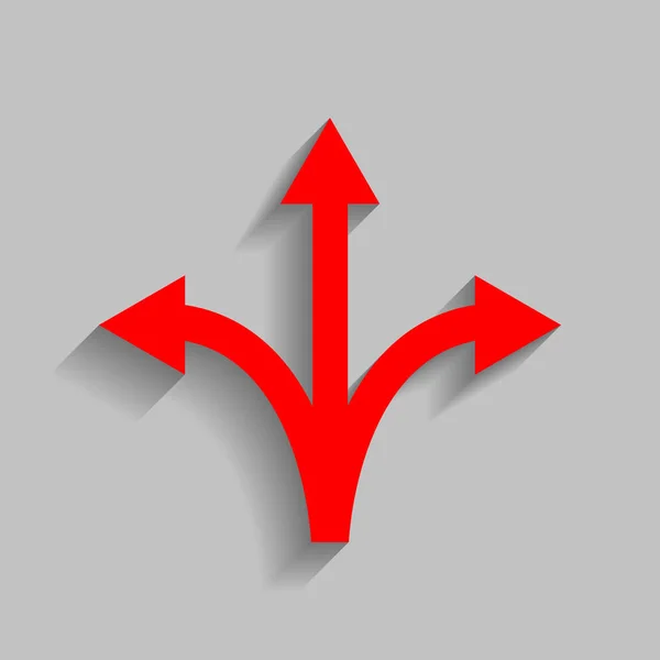 Tre-vägs riktning pilen tecken. Vektor. Röd ikon med mjuk skugga på grå bakgrund. — Stock vektor