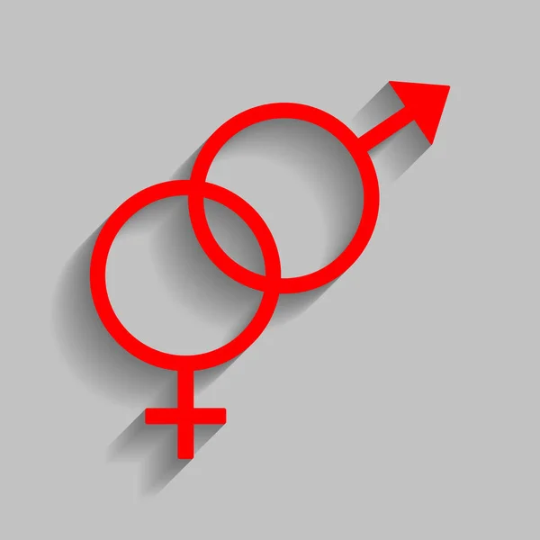 Σημάδι σύμβολο του σεξ. Διάνυσμα. Κόκκινο εικονίδιο με απαλή σκιά σε γκρίζο φόντο. — Διανυσματικό Αρχείο