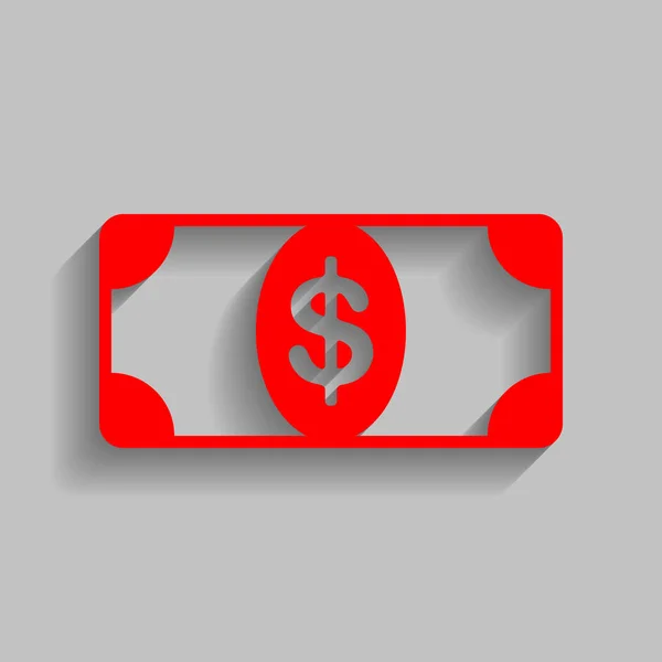 Billet de banque dollar signe. Vecteur. Icône rouge avec ombre douce sur fond gris . — Image vectorielle