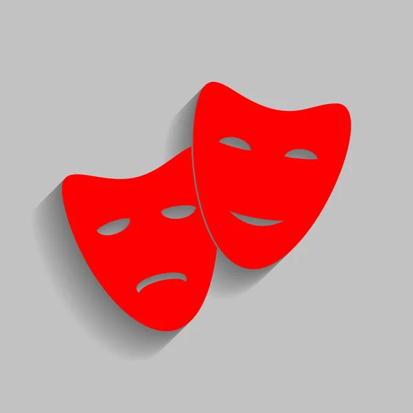 Icona teatrale con maschere felici e tristi. Vettore. Icona rossa con ombra morbida su sfondo grigio . — Vettoriale Stock