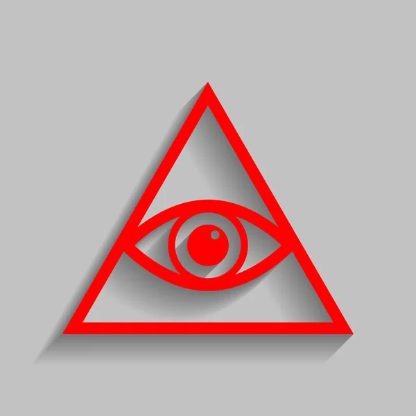 All seeing eye pyramid symbol. Freemason and spiritual. Vector. Red icon with soft shadow on gray background. — Stock Vector