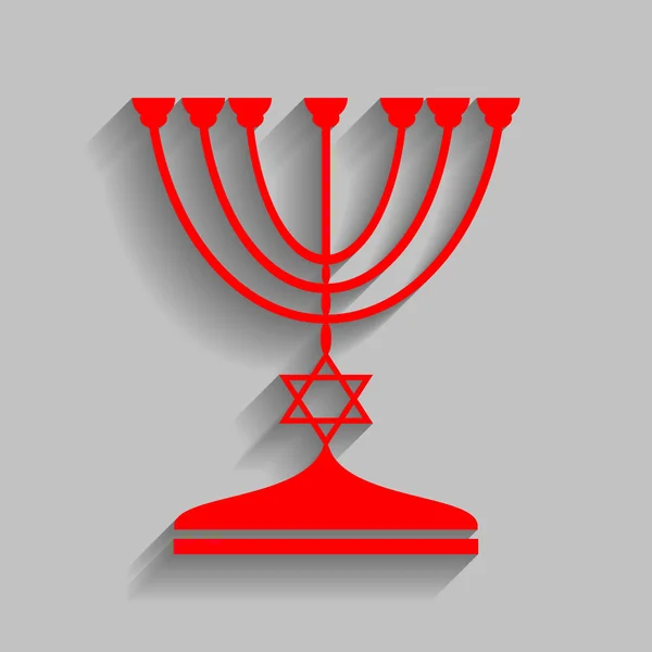 Jewish Menorah candlestick in black silhouette. Vector. Red icon with soft shadow on gray background. — Stock Vector