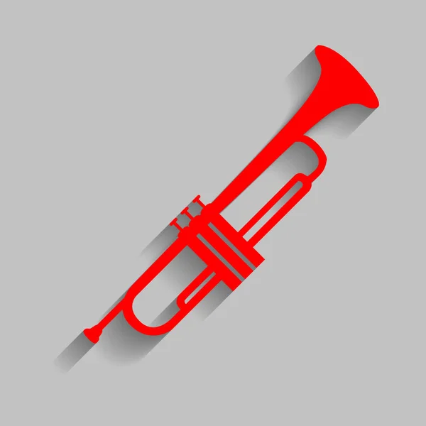 Instrumento musical Sinal de trompete. Vector. Ícone vermelho com sombra suave no fundo cinza . — Vetor de Stock