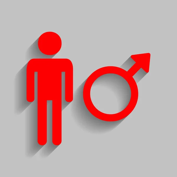 Illustration de signe masculin. Vecteur. Icône rouge avec ombre douce sur fond gris . — Image vectorielle