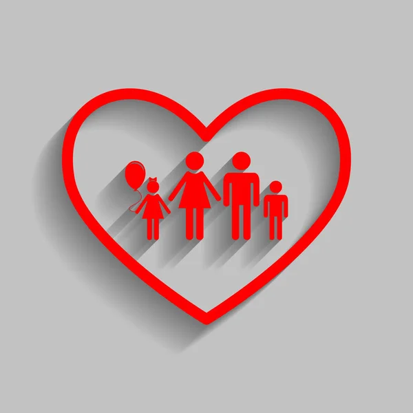 Familienzeichen-Illustration in Herzform. Vektor. rotes Symbol mit weichem Schatten auf grauem Hintergrund. — Stockvektor