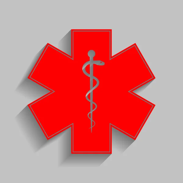 Symbole médical de l'urgence ou étoile de vie. Vecteur. Icône rouge avec ombre douce sur fond gris . — Image vectorielle